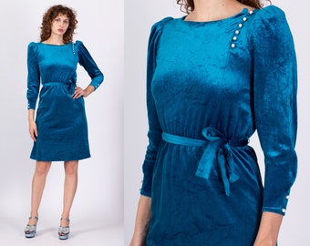 70s Blue Velvet Puff Sleeve Dress Extra Small | Vintage Button Shoulder 3/4 Sleeve A Line Mini Dress