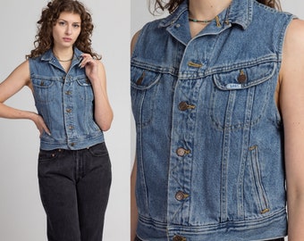 Small 90s Lee Flannel Lined Denim Vest | Vintage Blue Jean Sleeveless Button Up Cropped Jacket