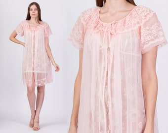 60s Sheer Pink Puff Sleeve Peignoir Small | Vintage Miss Elaine Lace Trim Retro Loungewear Robe