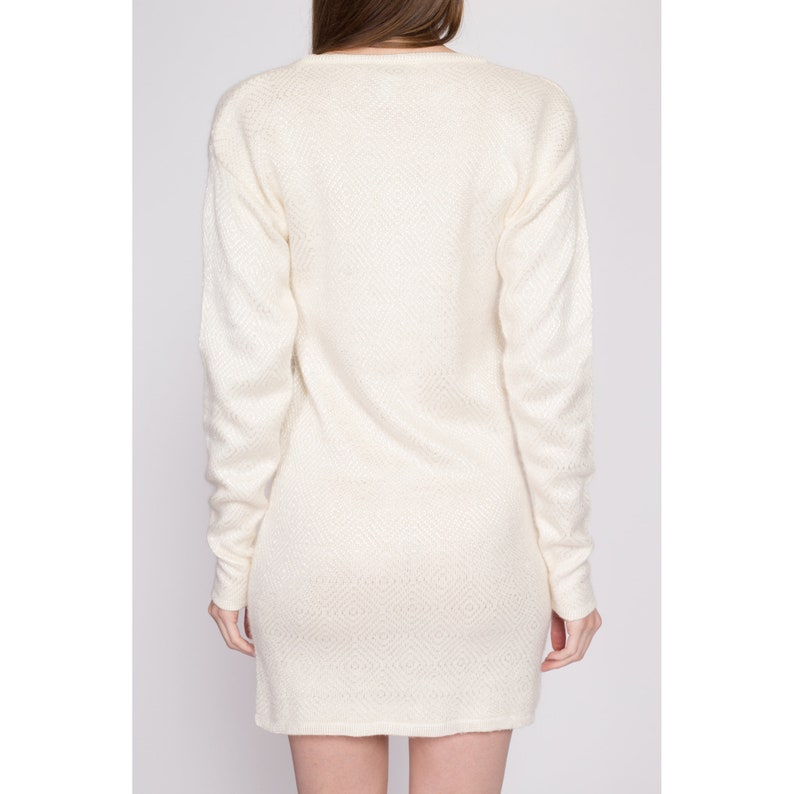 80s Evan Picone Diamond Knit Mini Sweater Dress Small Vintage Cream Angora Slouchy Long Sleeve Pullover image 5