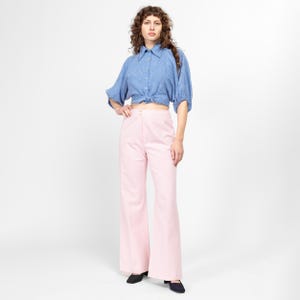 Medium 70s Pastel Pink Plaid Trousers 29&quot; | Retro Vintage Western Yoke Bootcut Flared Pants