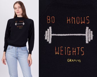 90s Weightlifting Cropped Sweatshirt - Small | Vintage Embroidered "Bo Knows Weights" Black Raglan Crewneck