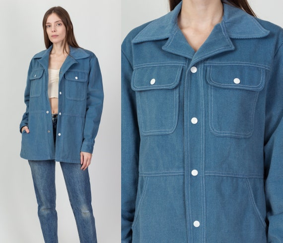 70s Woolrich Blue Corduroy Jacket - Men's Medium | Vintage Snap Button Notched Collar Blazer Overshirt