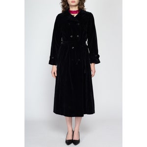 Medium 70s I. Magnin Black Velvet Maxi Trench Coat Vintage Gothic Belted Double Breasted Long Duster Jacket image 3