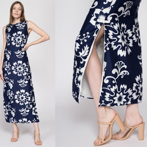 XS 60s Hawaiian Navy Blue Floral Maxi Dress Vintage Polynesian Bazaar Sleeveless Side Slit Boho Sundress image 1