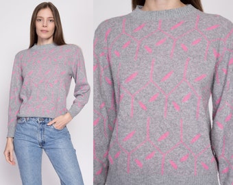 80s Teasers Abstract Knit Sweater Medium | Vintage Grey & Pink Geometric Pattern Girly Pullover