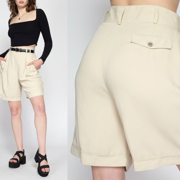 Medium 90s Ecru Trouser Shorts 29" | Vintage Minimalist High Waisted Long Pleated Shorts