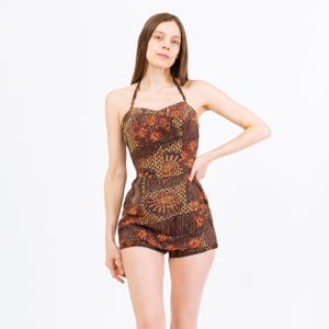 Vintage 1950s Catalina Tiki Print Pin-Up Style One Piece Swimsuit - Medium | 50s Hawaiian Tropical Pattern Swimwear, Retro Bathing Suit