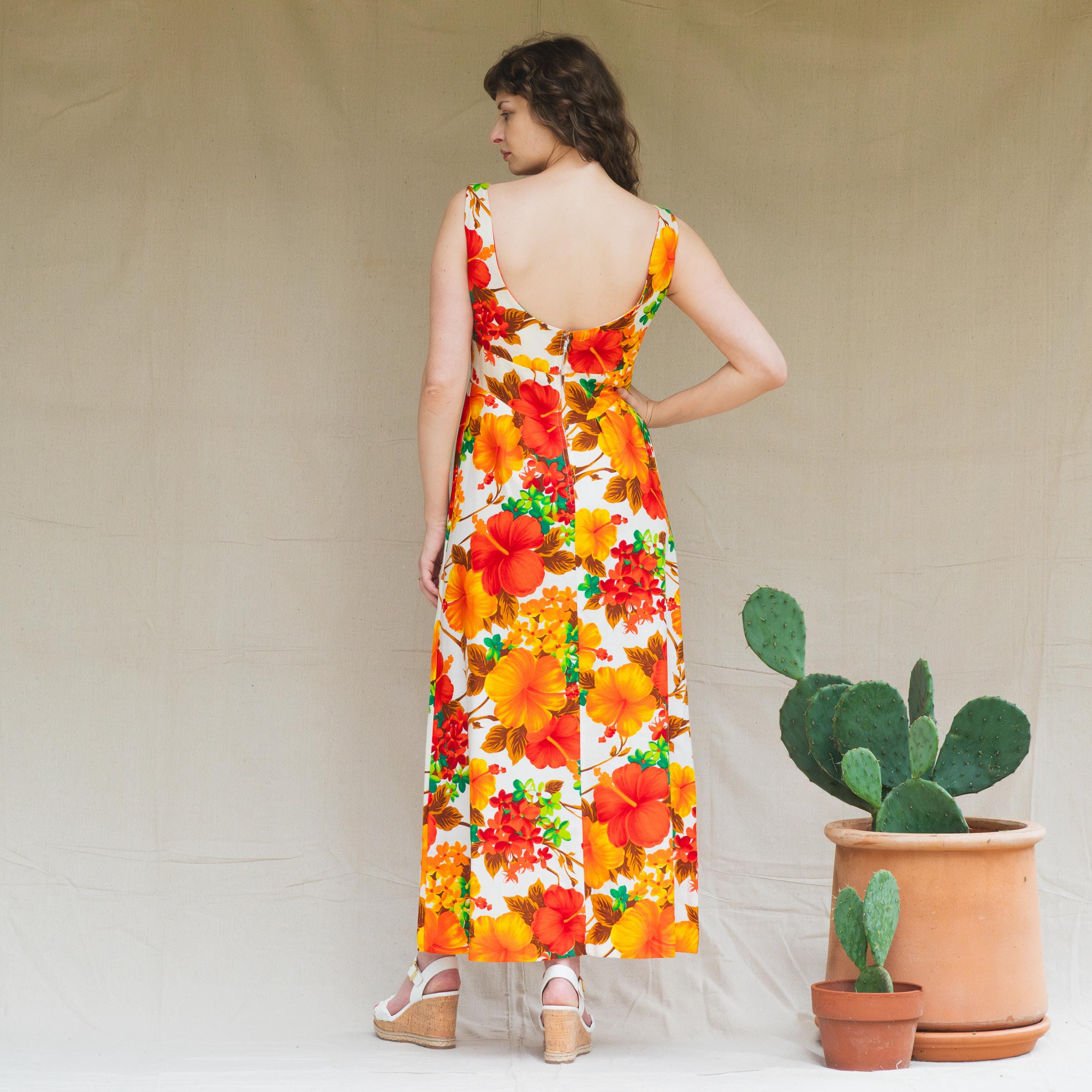 Vintage 60s 70s Malihini Hawaii Orange Floral Maxi Sundress