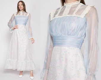 XS 70s Baby Blue Sheer Sleeve Prairie Dress | Vintage Boho Girly Floral Maxi Prom Gown