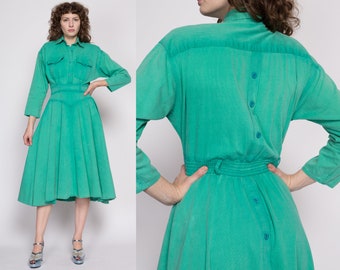 Small 80s Mint Green Corduroy Midi Shirt Dress | Vintage Button Up Collared Long Sleeve Fit & Flare Yoked Waist Shirtdress