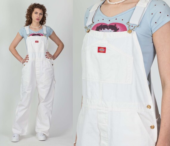 FlyingAppleVintage 90s Dickies Unisex White Painters Overalls - Men's Large, Women's XL | Vintage Denim Bib Workwear Dungarees