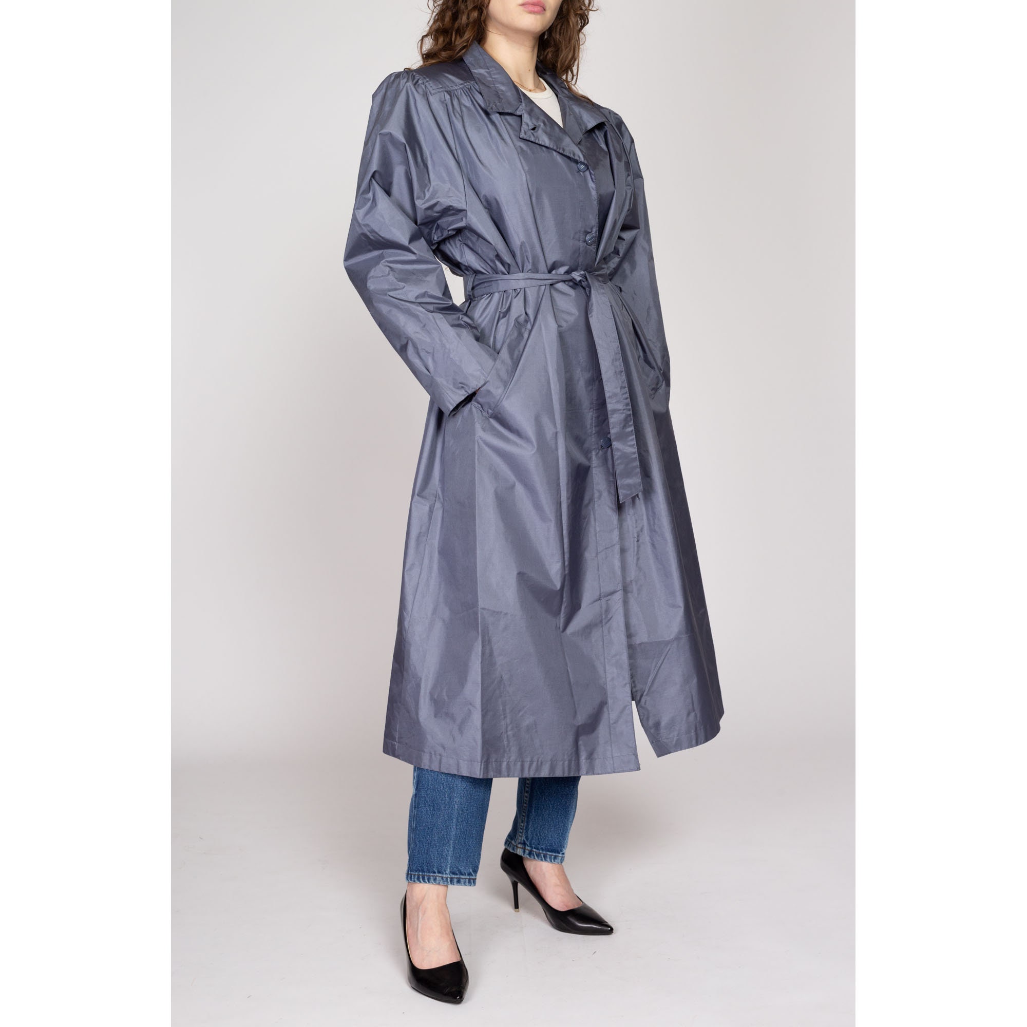 XL 80s Shiny Slate Grey Belted Trench Rain Jacket | Vintage