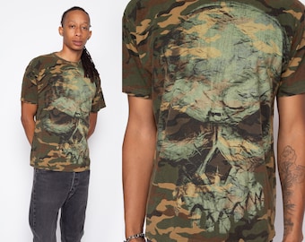 Large Y2K Camo Print Skull T Shirt | Vintage Camouflage Graphic Tee