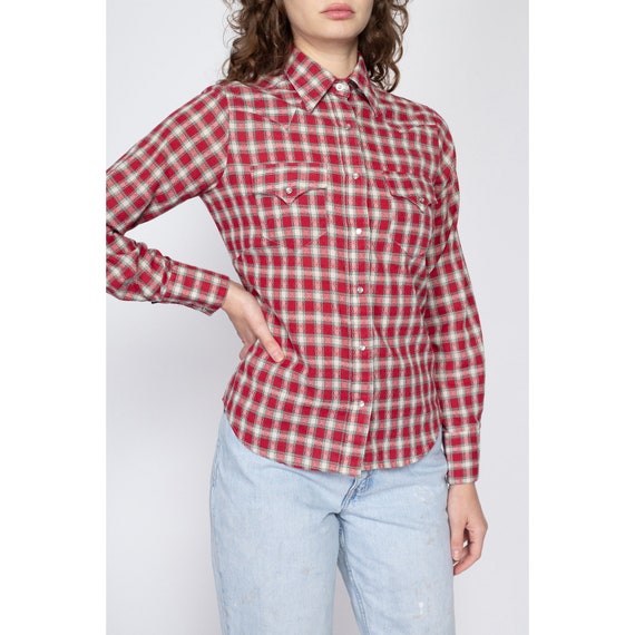 Medium 70s Red Plaid Pearl Snap Shirt | Vintage R… - image 4