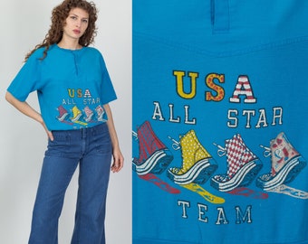 80s USA All Star Team Converse Shirt Men's Medium, Women's Large | Vintage Blue Snap Up Athletic Polo Cropped Tee