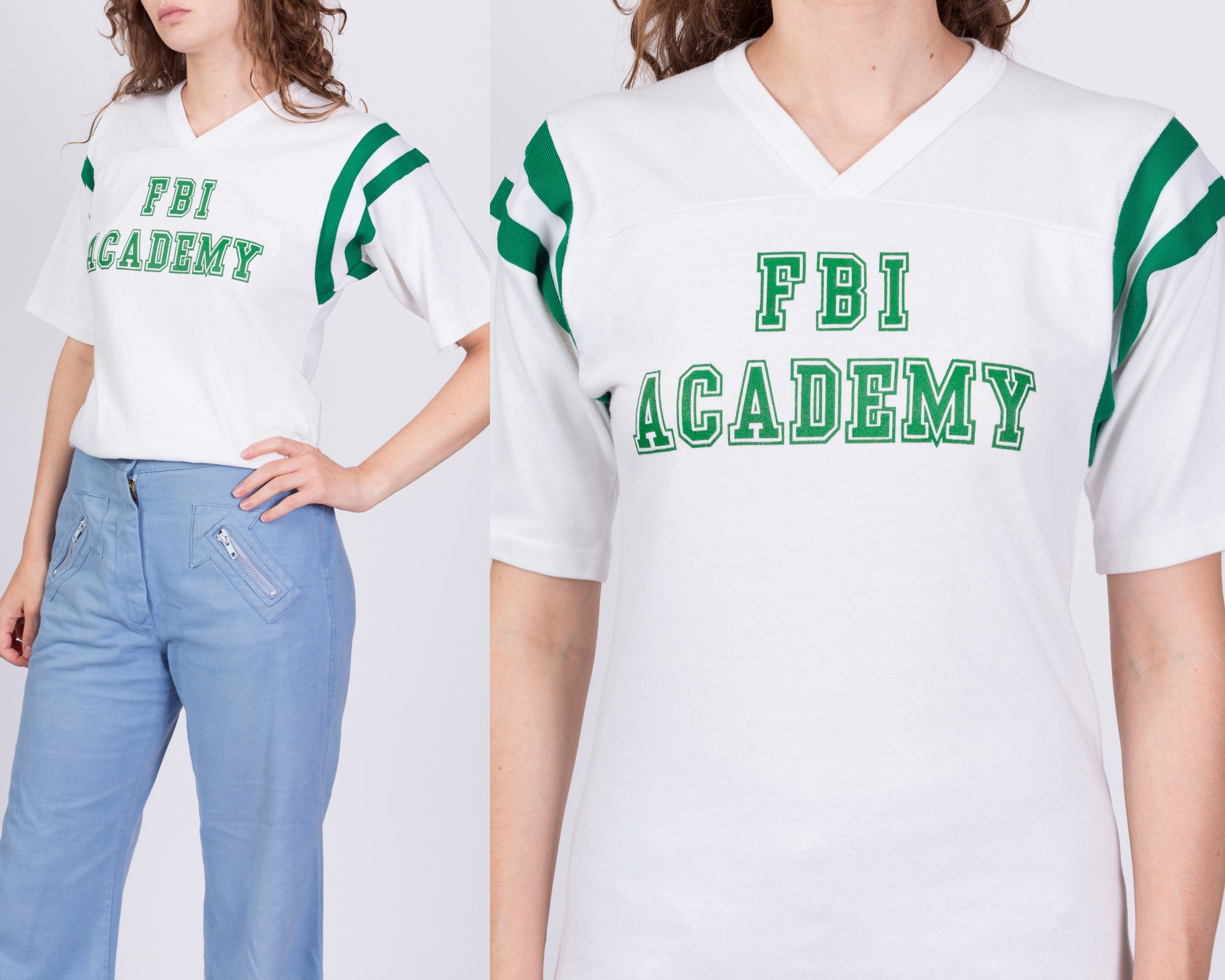 80s FBI Academy Baseball Shirt Unisex Small Vintage V Neck 