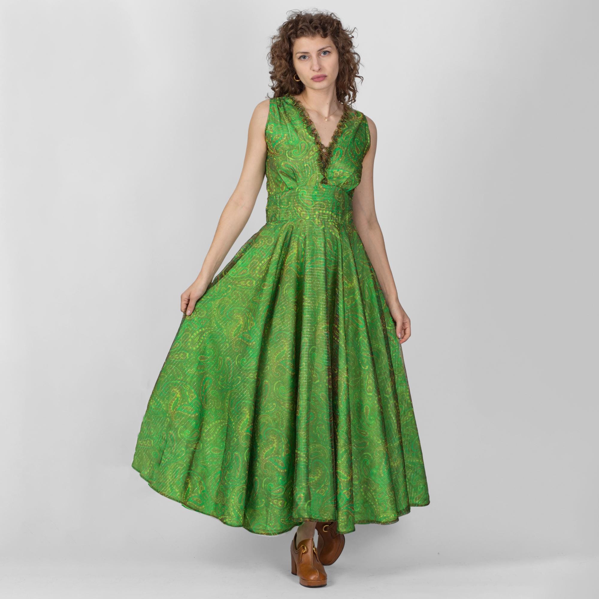 Medium 60s Green Paisley Print Metallic Chiffon Party Dress Vintage Psychedelic Fit Flare Sleeveless Maxi Gown Etsy