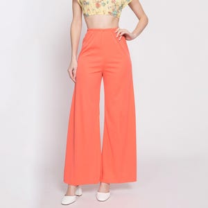70s Salmon Palazzo Pants - Small to Medium | Vintage High Waisted Retro Flared Elastic Disco Loungewear Bell Bottom Trousers
