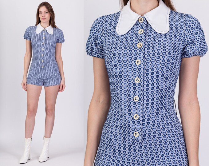 60s 70s Blue & White Dog Ear Collar Romper Petite Small Vintage Puff