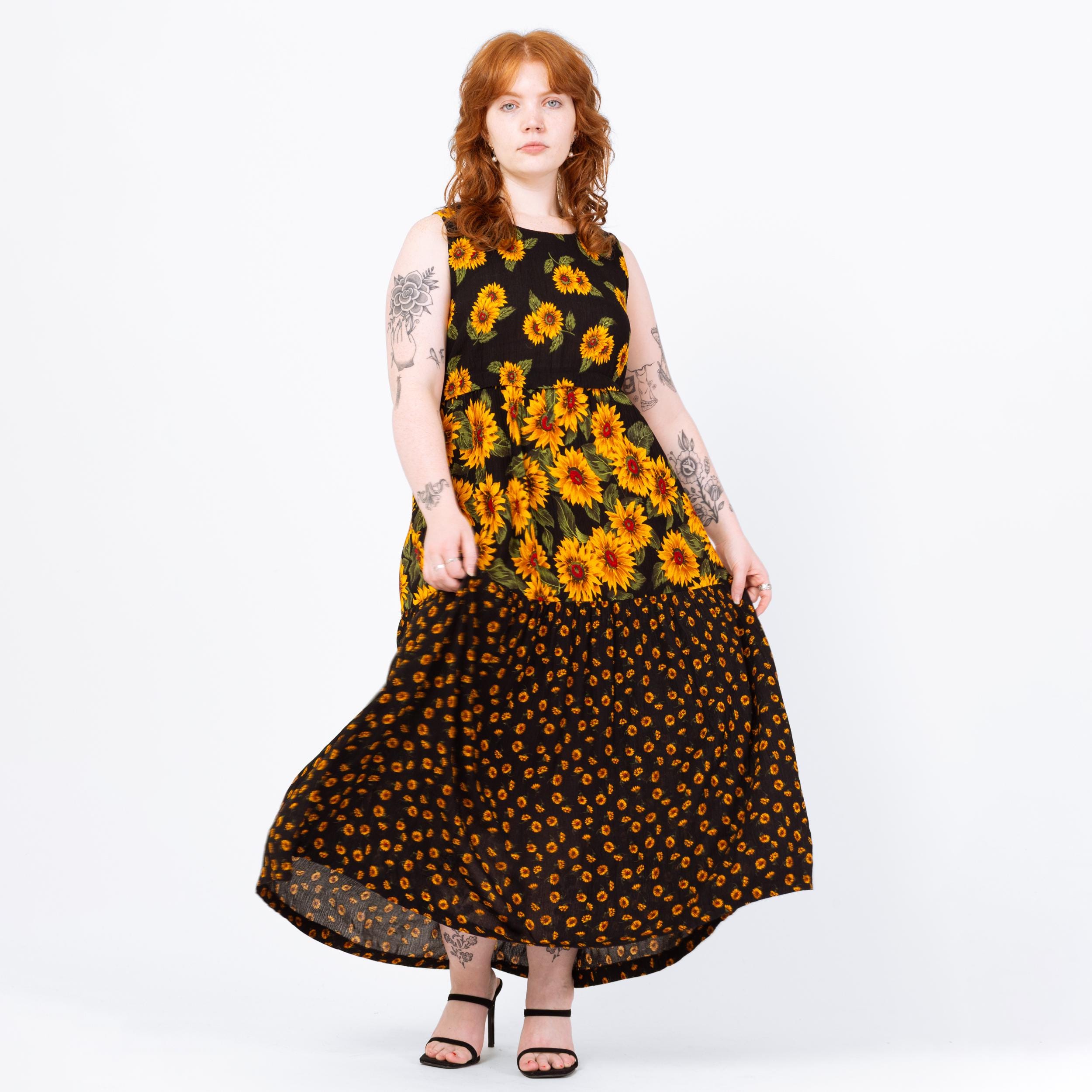 Vintage 90s Black Sunflower Print Maxi Tank Dress - Medium | Sleeveless  Floral Grunge Dress, Summer Sundress - Etsy