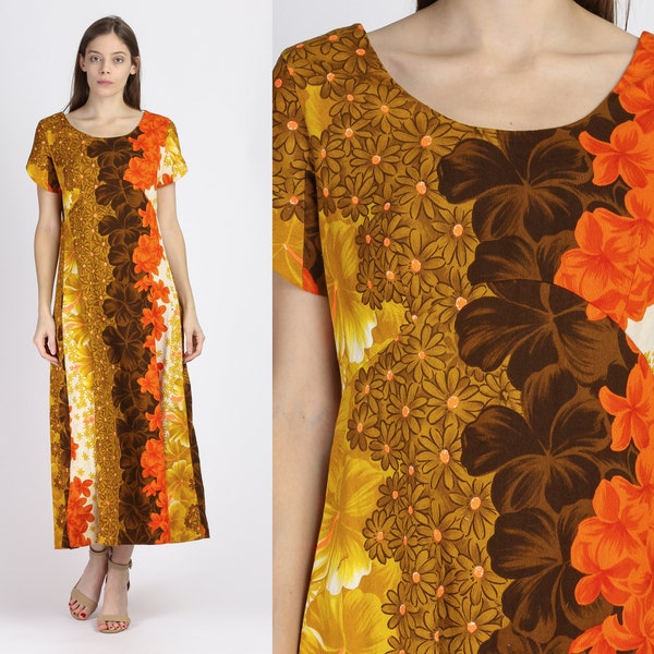 60s Boho Hawaiian Maxi Dress - Medium | Vintage Hawaii Nei Back Drape Floral Tiki Column Dress