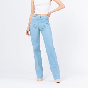 Vintage jaren 80 lichtblauwe corduroy hoog getailleerde broek - klein | Broek met rechte pijpen, hoge koorden met lange binnenbeenlengte en middelhoge taille