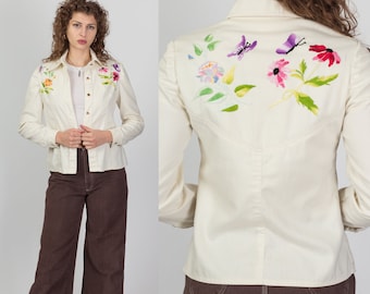 Small 70s Embroidered Off-White Denim Look Jacket | Vintage Button Up Western Style Retro Top