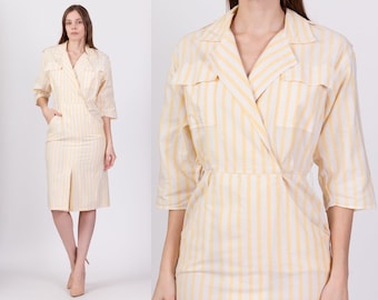Medium 80s Yellow & White Striped Shirtdress | Vintage 3/4 Sleeve Midi Wrap Dress