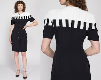 Medium 80s Black & White Piano Key Mini Dress | Vintage Button Up Short Sleeve Sheath Cocktail Dress