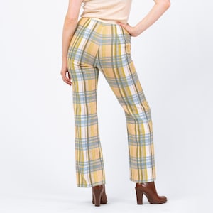 Vintage 70s Yellow Blue & Green Plaid Knit Flared Pants - Medium, 28&quot; Waist | High Waisted Retro Woven Boho Bootcut Trousers