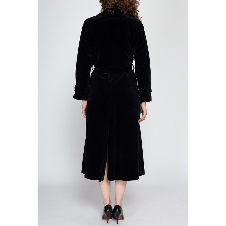 Medium 70s I. Magnin Black Velvet Maxi Trench Coat Vintage Gothic Belted Double Breasted Long Duster Jacket image 6