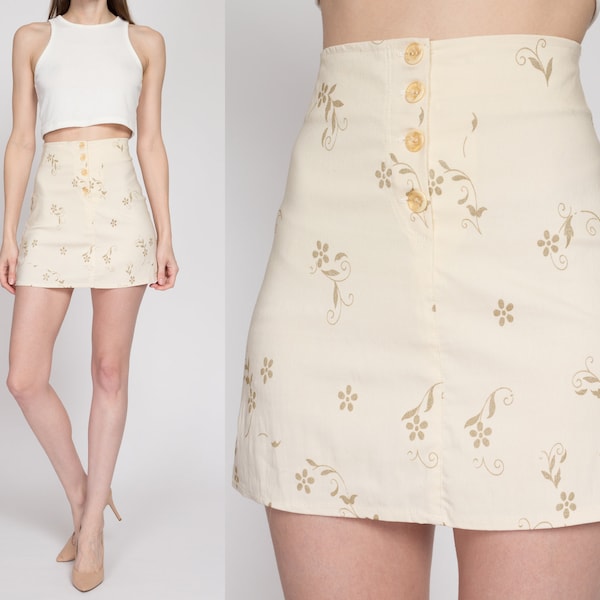 XS Y2K Boho Cream Floral Mini Skirt 24"-25" | Vintage High Waist A Line Button Front Girly Miniskirt