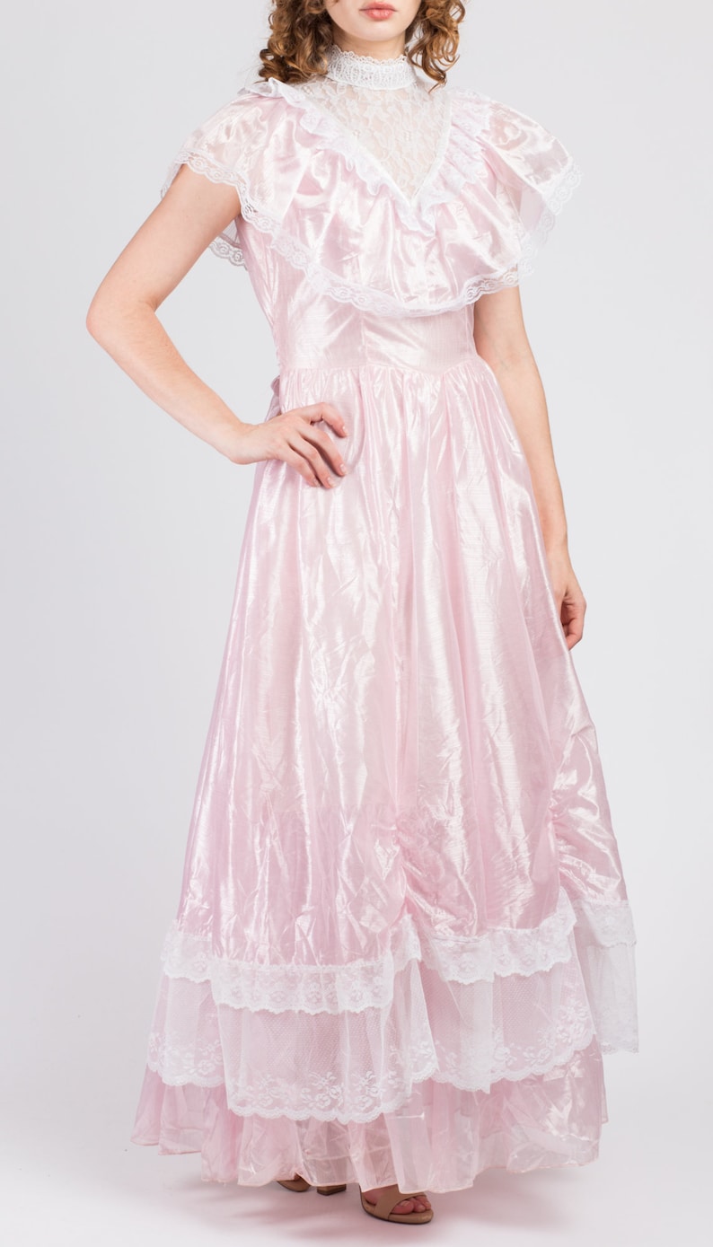 70s Precious Moments Pink Lace Princess Gown Medium Vintage Tiered Ruffle Formal Victorian Maxi Floor Length Dress