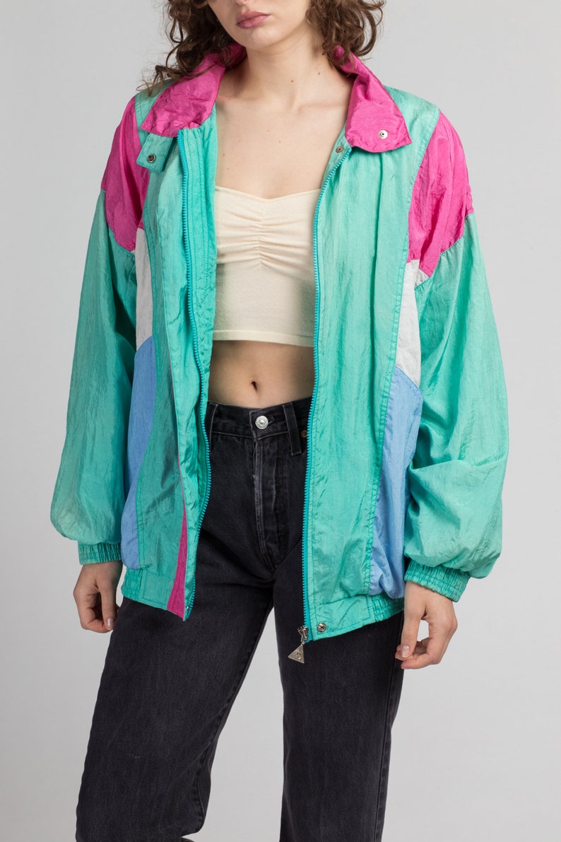 80s Teal Green Color Block Windbreaker Extra Large Vintage Pink Blue Zip Up Track Jacket