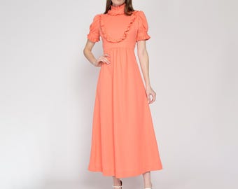 70s Peach Prairie Puff Sleeve Maxi Dress - Extra Small | Boho Vintage Orange Cottagecore Ruffle Gown