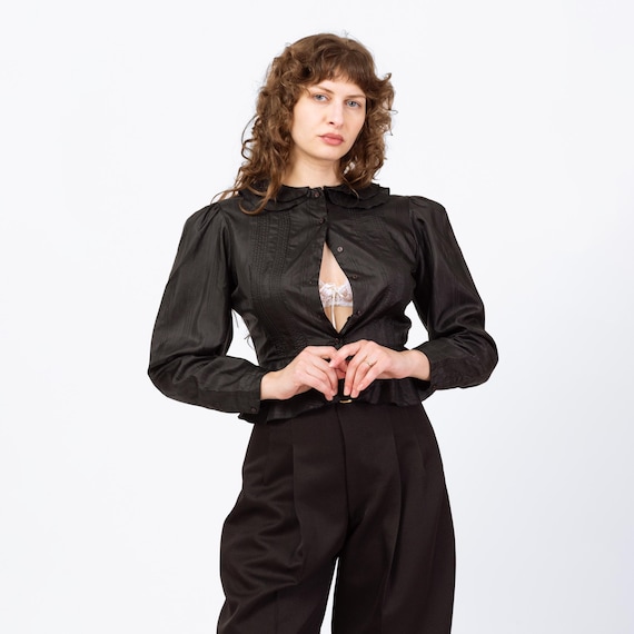 Vintage 70s Does Victorian Black Puff Sleeve Prairie Blouse