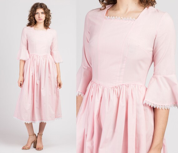 70s Baby Pink Bell Sleeve Midi Dress - Small | Vin