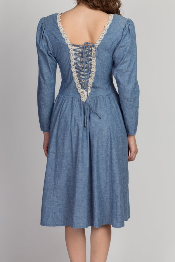 Gunne Sax Dress 70s Chambray & Lace Cottagecore Dress… - Gem