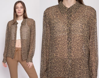 90s Silk Sheer Leopard Print Blouse Extra Large | Vintage Long Sleeve Collared Button Up Top