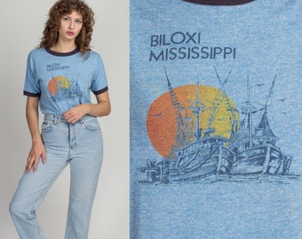 80s Biloxi Mississippi Tourist Tee Women's Large, Men's Medium Short | Vintage Blue Ship Sunset Graphic Ringer T Shirt