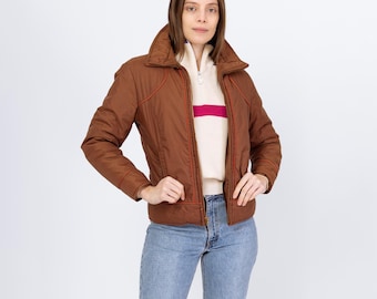 Vintage 70s 80s Chocolate Brown Puffer Ski Jacket - Extra Small | Retro Zip Up Down Fill Winter Coat