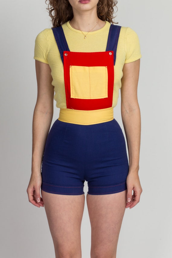 60s Color Block Overall Shorts Extra Small | Vint… - image 2