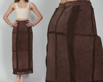90s Suede Crochet Patchwork Maxi Skirt Medium, 28.5" | Vintage Boho Quilted Brown Suede Hippie Skirt