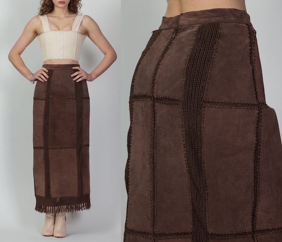 90s Suede Crochet Patchwork Maxi Skirt Medium, 28… - image 1