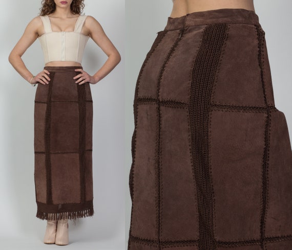 90s Suede Crochet Patchwork Maxi Skirt Medium, 28… - image 1