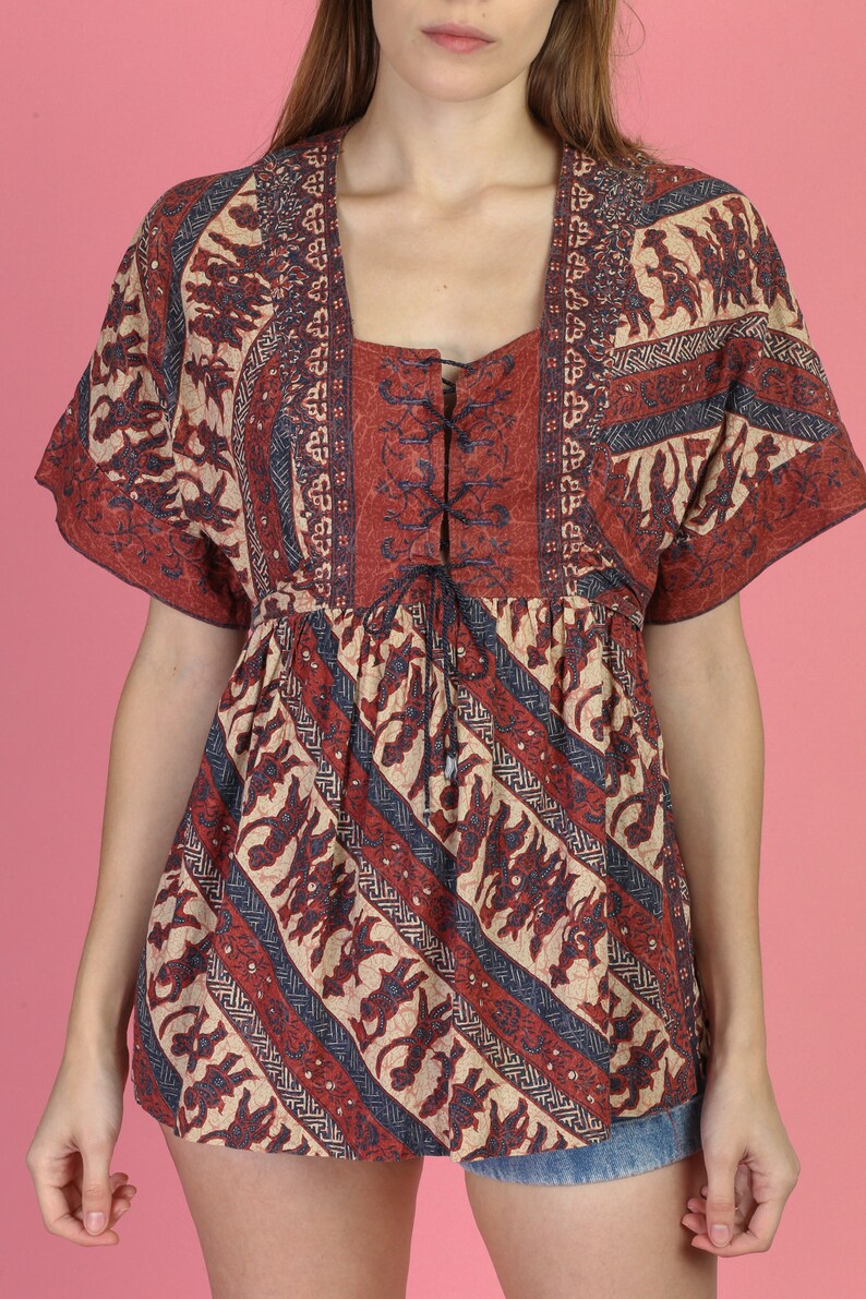 70s Hippie Bell Sleeve Corset Blouse Medium Vintage Boho Ethnic Print Peasant Top