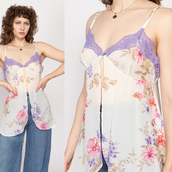 Medium 90s Floral Split Hem Camisole Slip Top | Sheer White Purple Lace Trim Lingerie Cami Top