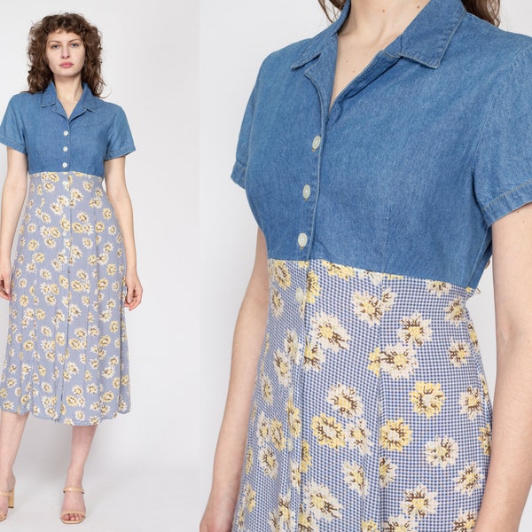 Medium 90s Grunge Daisy Floral Denim Midi Dress | Vintage Short Sleeve Button Up Boho Tie Back Sundress