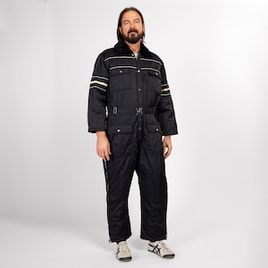 Large Short 80s Black & White Striped Belted Ski Suit | Vintage Snowsuit Winter Outerwear Jumpsuit One Piece Snow Gear